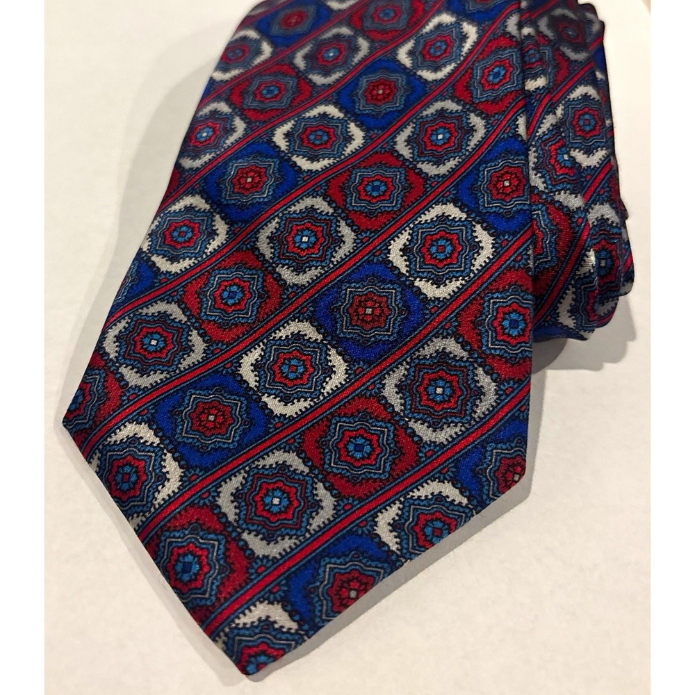 Stefano Ricci Men's Woven Silk Tie Blue Red White Geometric Logo Pointed